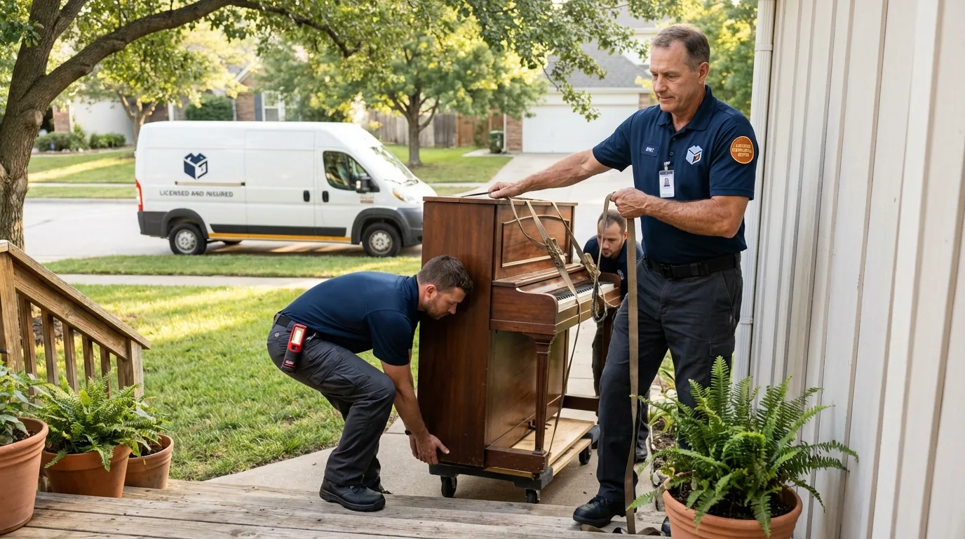 Licensed piano movers securing grand piano in Fenton, MO