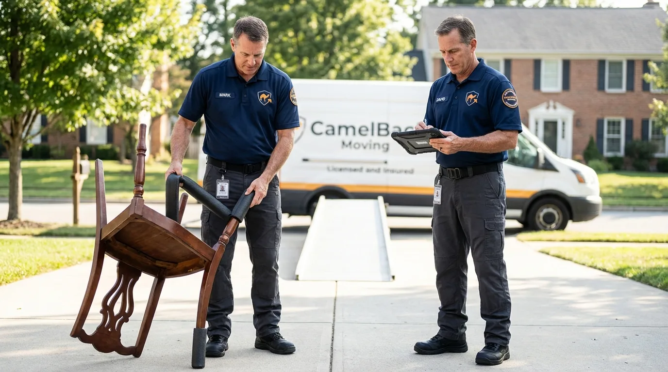 Movers inspecting furniture for damage prevention before loading in Fenton, MO